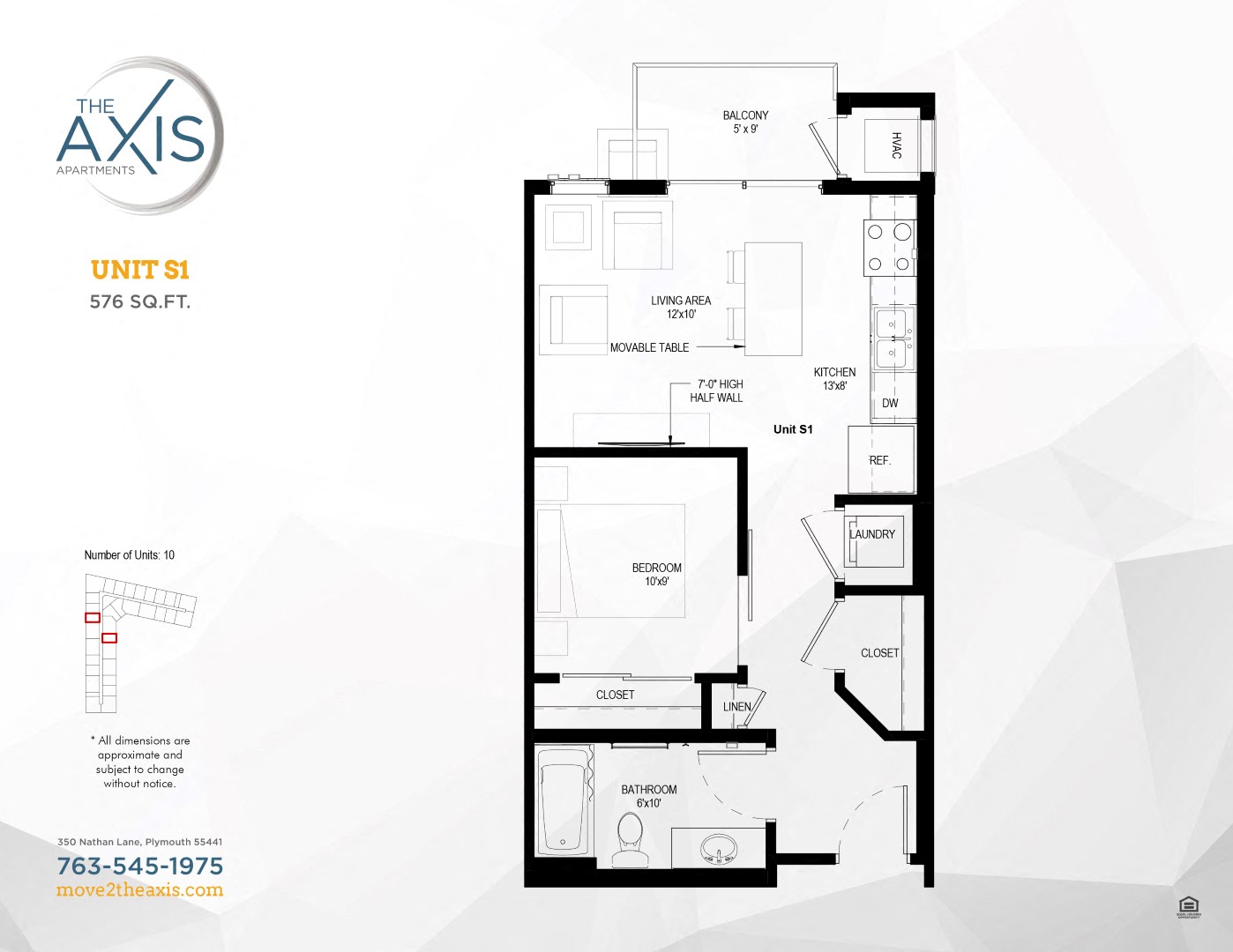 Floor plan for studio, 1 bath, 576 sqft
